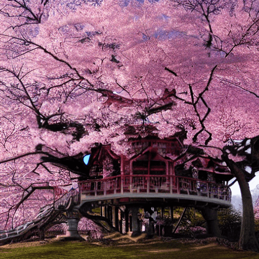 AI generated: THE CHERRY BLOSSOM TREE HOUSE :: beautiful ornate treehouse in a gigantic pink cherry blossom tree :...