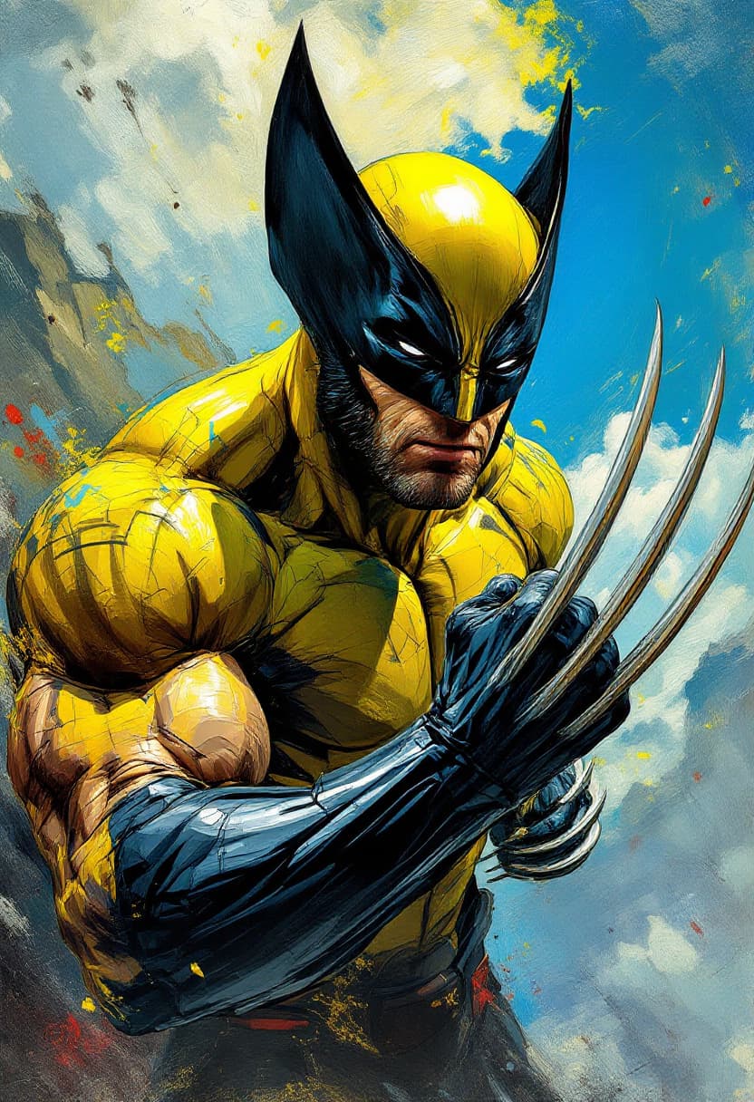 AI generated: 45 degree angled portrait. Dynamic pose. Wolverine, masked, in yellow, showing sharp claws as weapon...