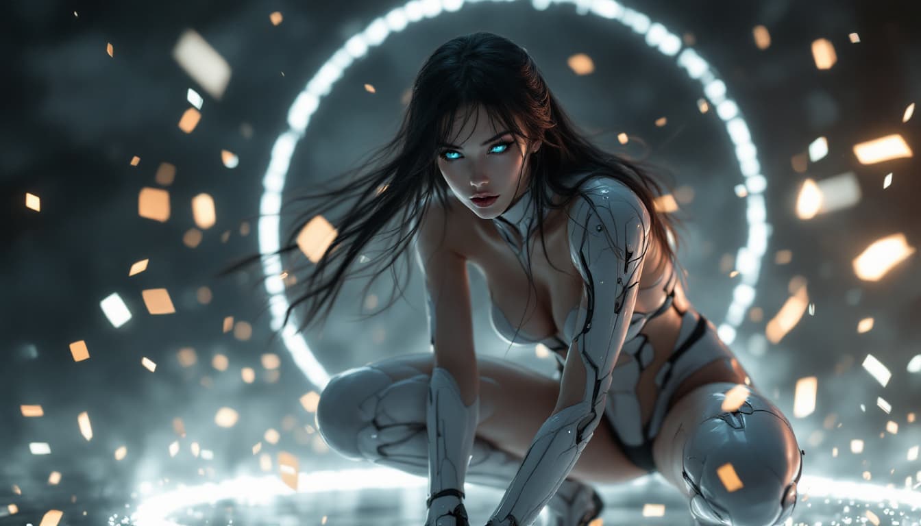 AI generated: In a breathtaking 8K wallpaper, a stunning female android combatant from the future crouches on one ...