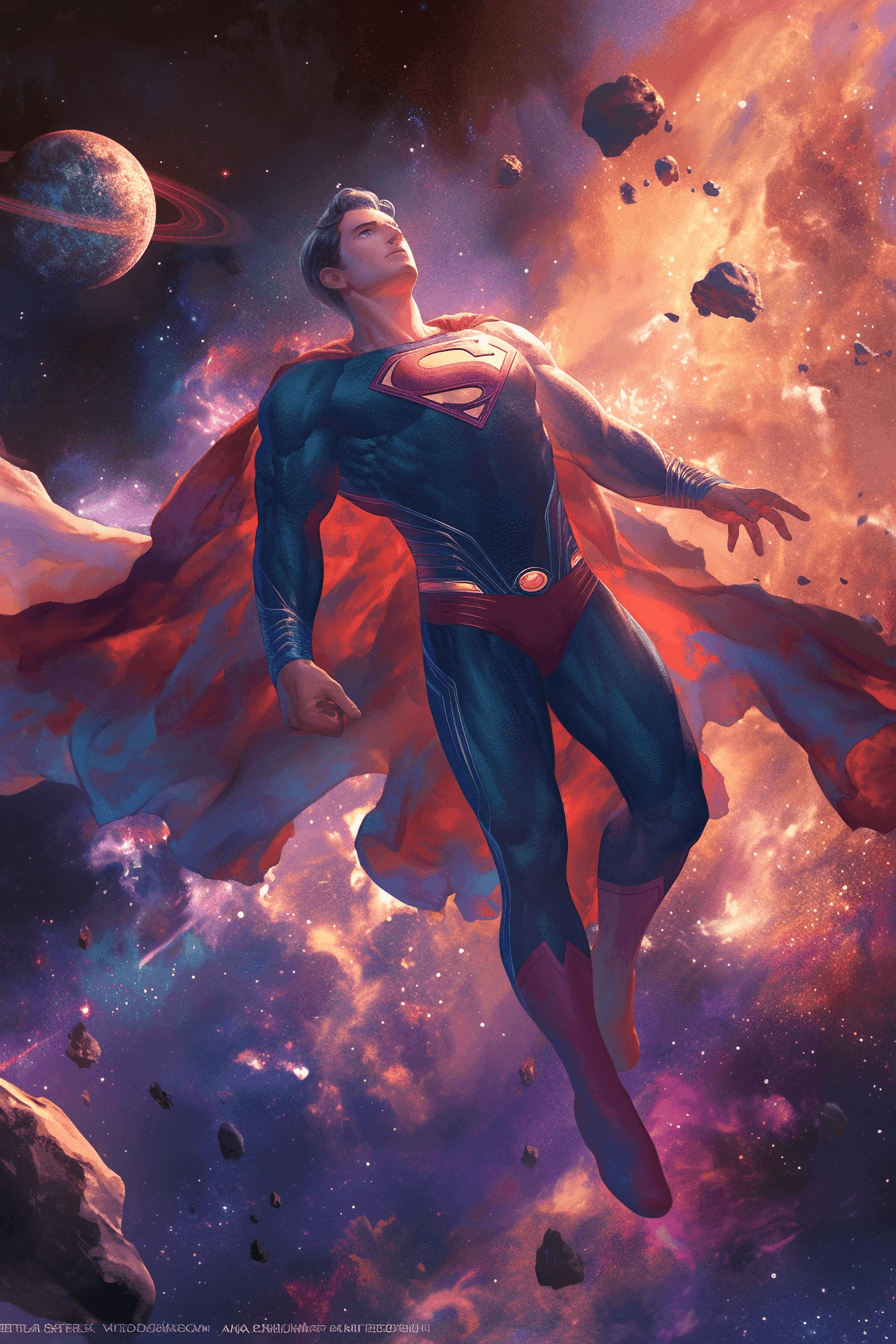 AI generated: Superman with original costume in epic pose floating in the galaxy with orange and violet color in b...