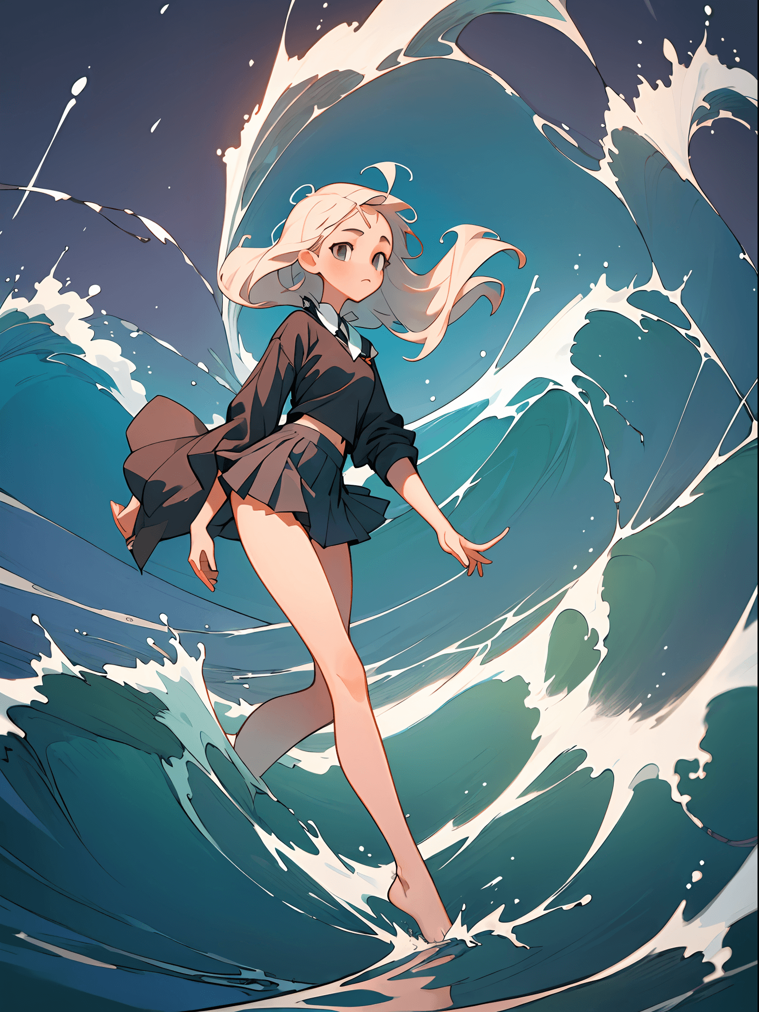 AI generated: (Best quality, masterpiece), 1girl, the waves split in half, the girl walks in the waves, the figure...