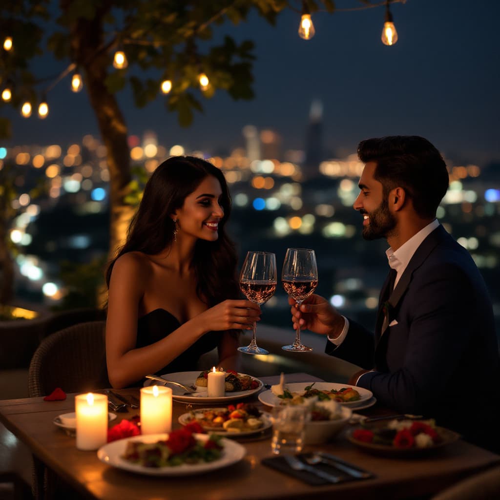 AI generated: A glamorous evening shot of a indian 
couple dining al fresco at a resort's rooftop restaurant. The ...