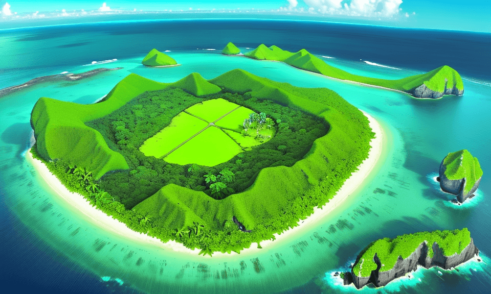 AI generated: bird's eye view of a simple tropical island, green with vegetation, land only. you can see the mainl...
