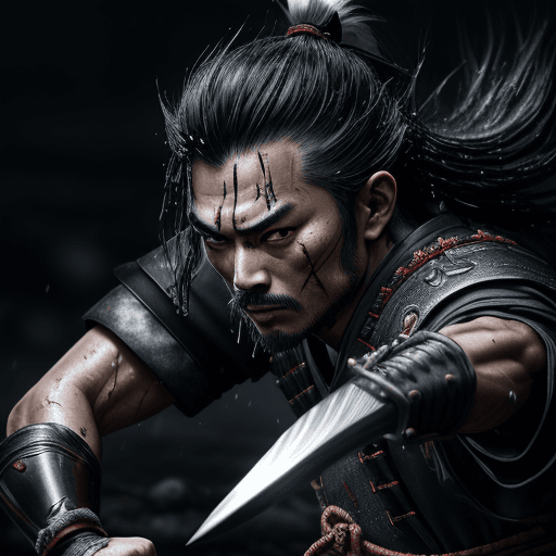 AI generated: a japanese samurai - close up of samurai warrior  - showing his body in position ready to fight -  b...