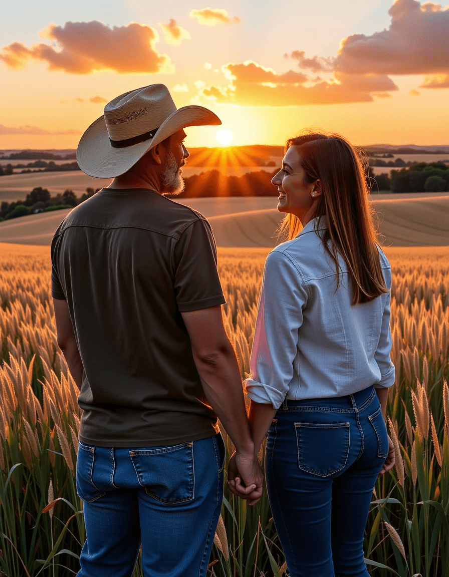 AI generated: A farmer couple sharing a quiet moment of satisfaction, looking over their flourishing fields at sun...