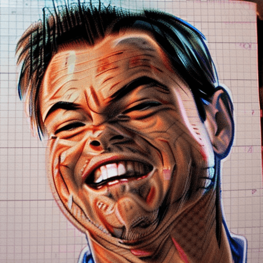 AI generated: Sketch of Leonardo di Caprio in the wolf of wallstreet movie with gerning, grimace face famous from ...
