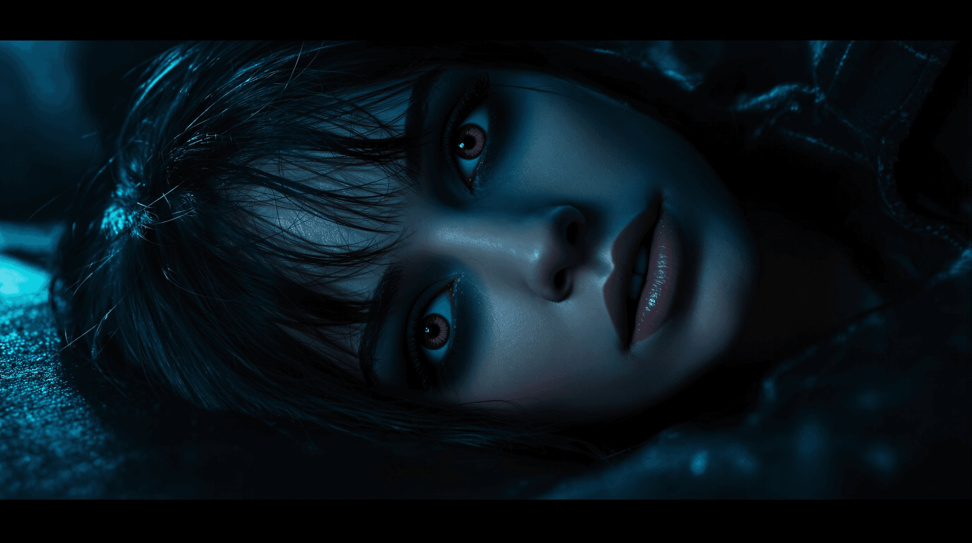 AI generated: Extreme close-up. A woman (Lilith) with long dark hair and bangs lies on a sofa in a dim blue-lit ro...