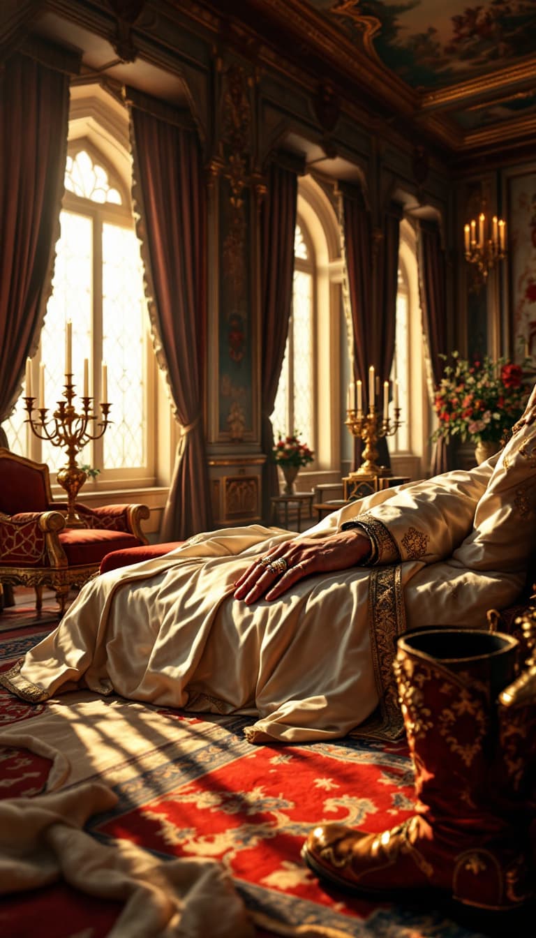 AI generated: First person POV, the Sultan slowly awakens in his grand bedroom within the Ottoman palace. The sunl...