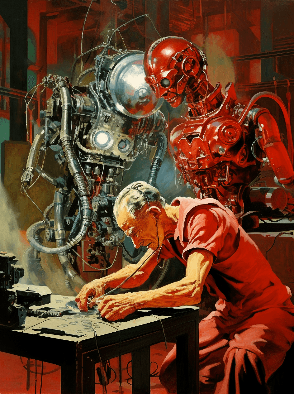 AI generated: Vintage pulp illustration of two men working on an alien robot in a sci-fi setting with a 50s style ...