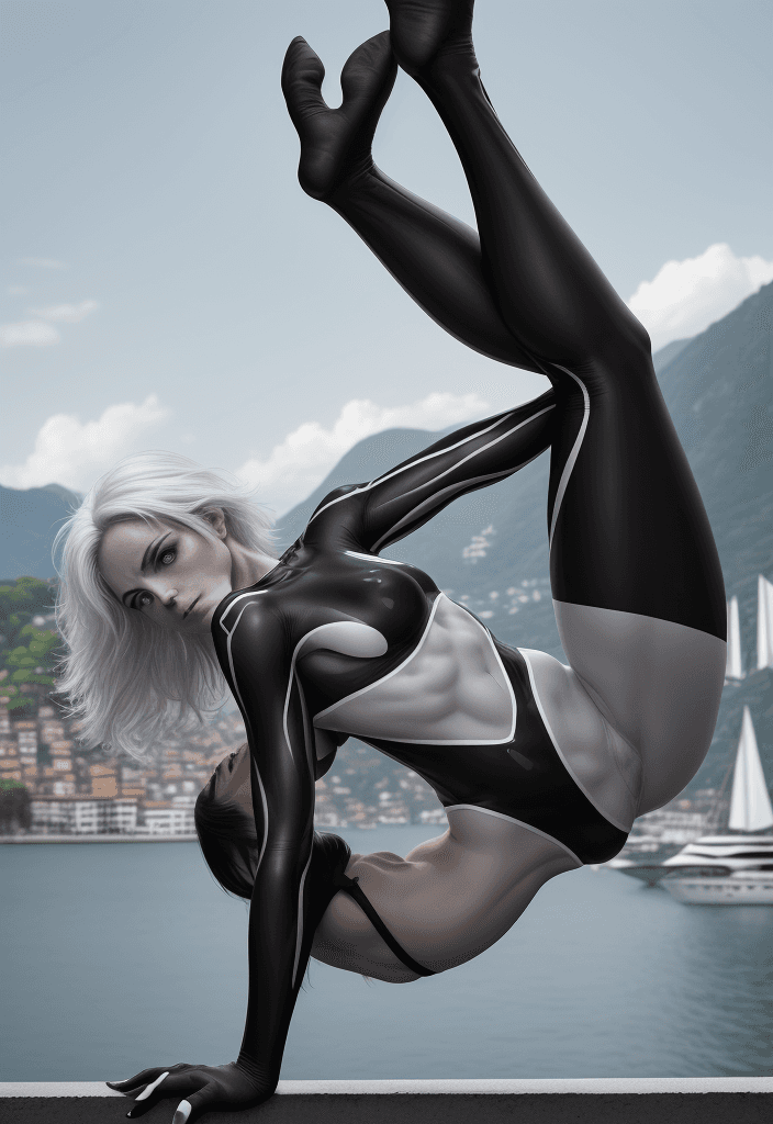 AI generated: woman, fine attention to anatomy, black, white, chrome, and florescent fusia, acrobat position, rela...