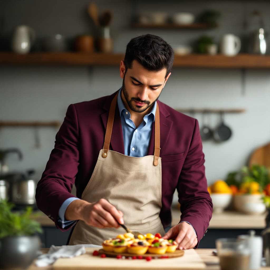 AI generated: asian man wearing a plain burgundy suit, no tie an blue open greek style shirt wearing an apron and ...