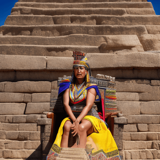 AI generated: Latina inca 30 years-old woman sitting on an ancient throne with crossed legs in pyramid background,...