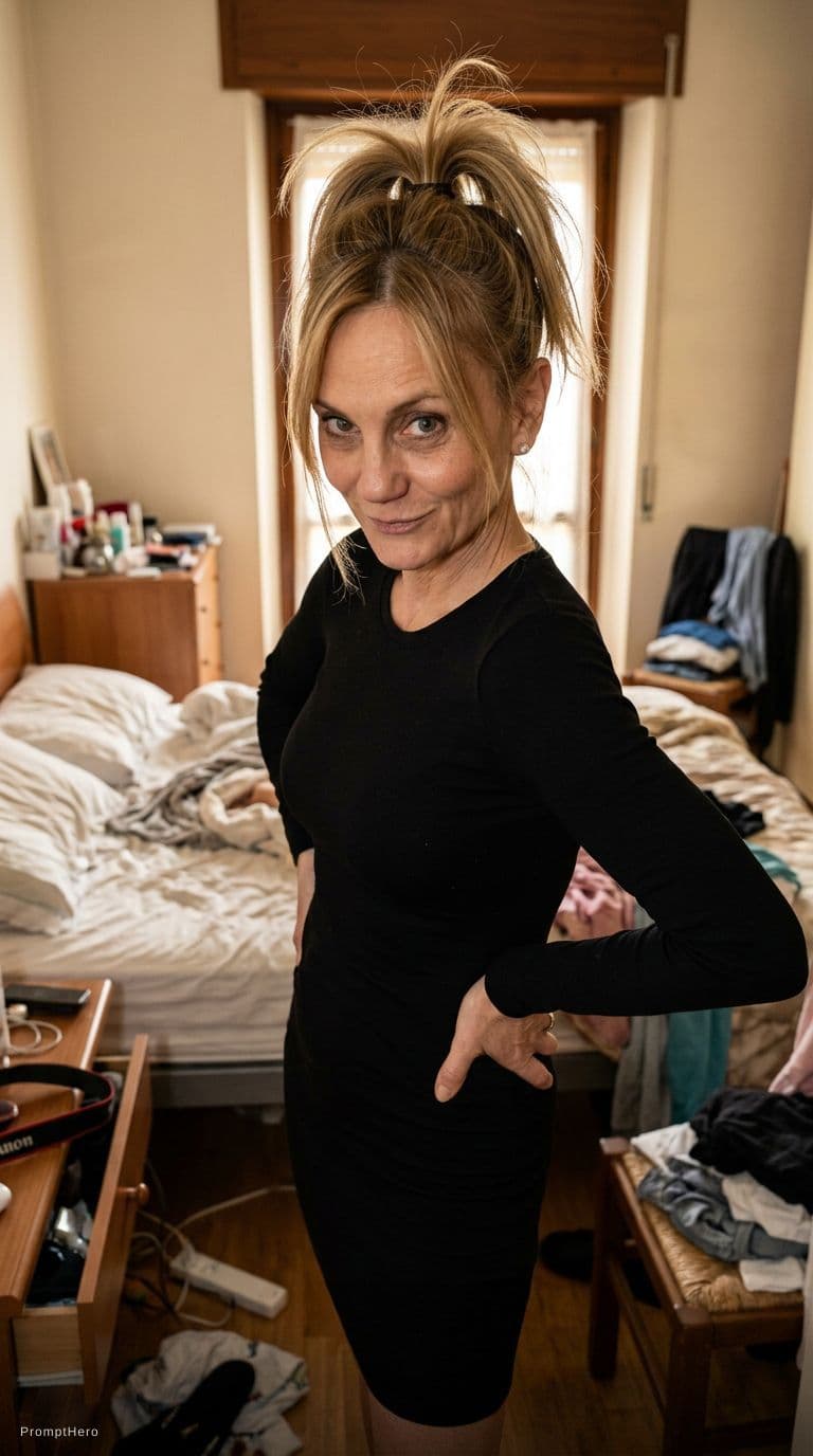 AI generated: teasing, wearing the same bodycon dress, standing seductive pose in a messy bedroom, ponytail hairst...