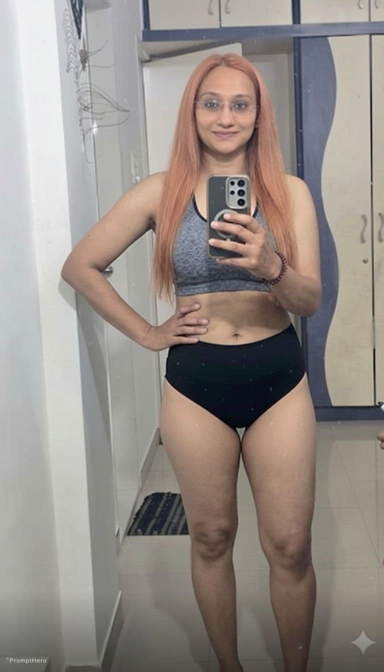 AI generated: Create image in push up bra and panty with long straight light red hair 