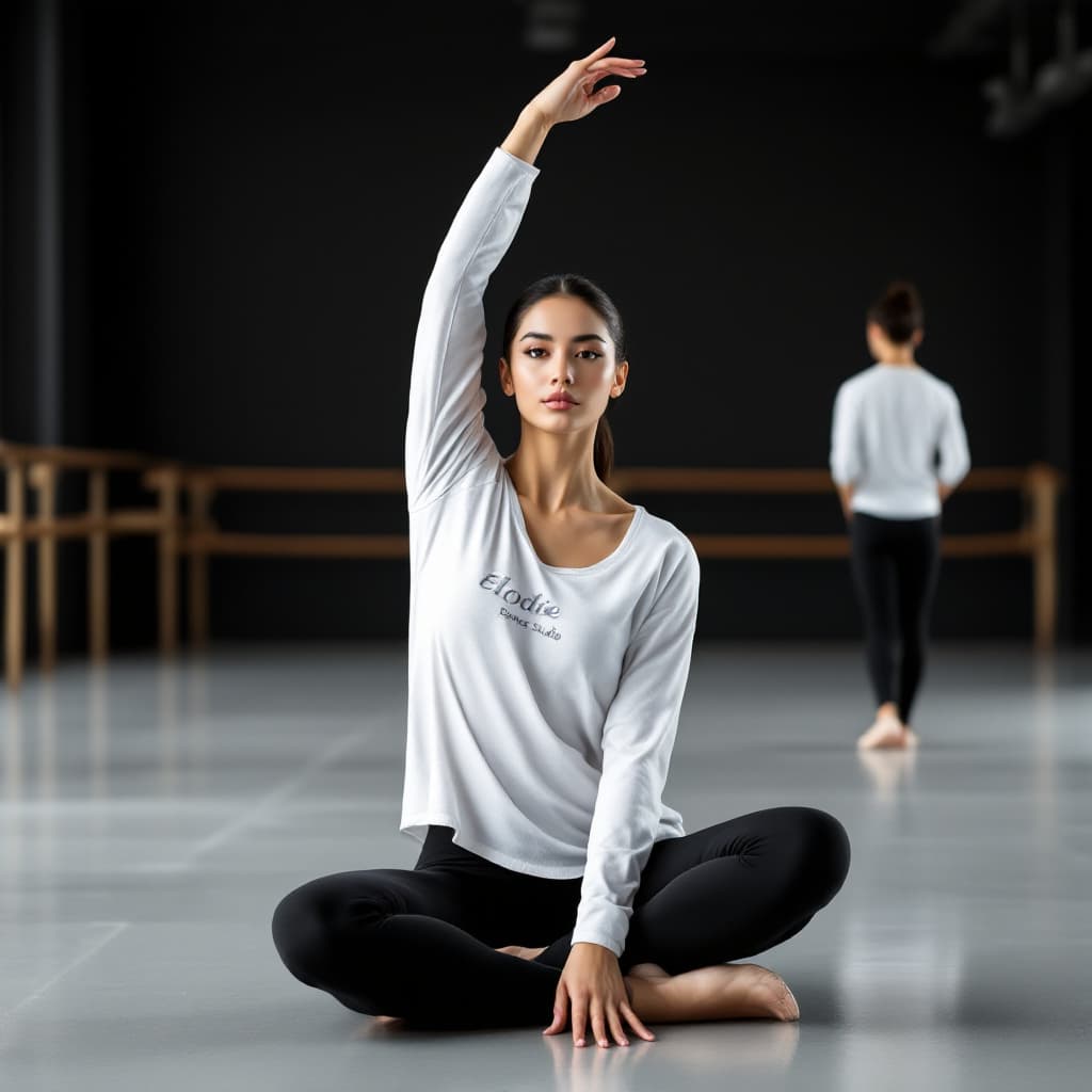 AI generated: Photo of an athletic Asian female ballet dancer in black bottoms and a white long-sleeved top, grace...