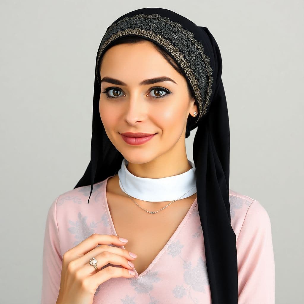 AI generated: The beautiful Jewish Orthodox woman is wearing black, flowy, tichel on her head. The tichel is ornat...