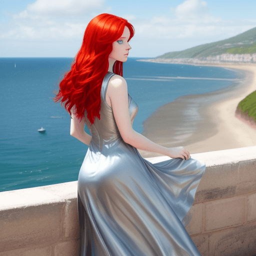 AI generated: A red hair girl with blue eyes wearing a silver dress and watching the sea from a bay in a sunshine ...