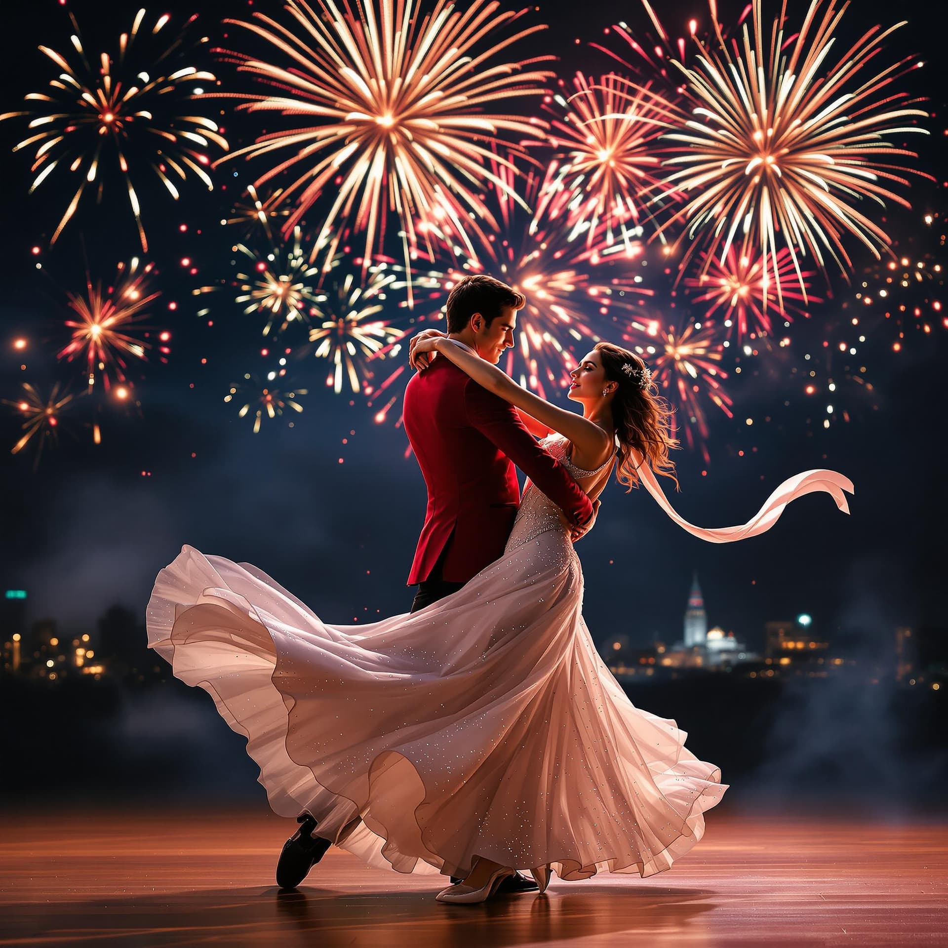 AI generated: Romantic ballroom dance, elegant couple, red suit, sparkling white dress, fireworks display, night s...