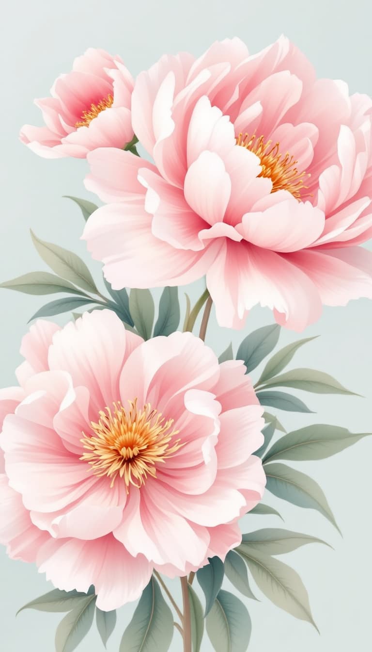 AI generated: Pale pink peony flowers, light green background, Chinese embroidery style, exquisite craftsmanship, ...