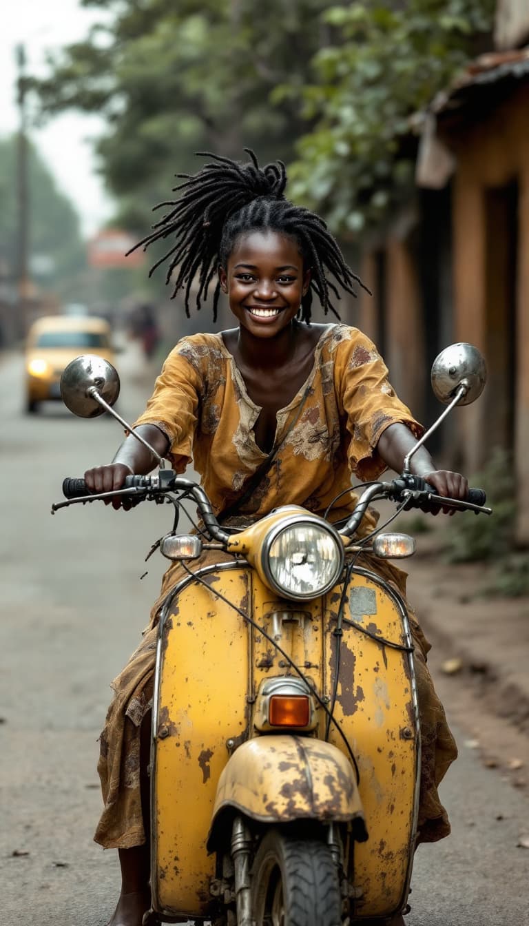 AI generated: Etwa 13 Jahre Junges afrikanisches Mädchen lächelnd auf einem sehr alten verbeulten Moped fährt über...
