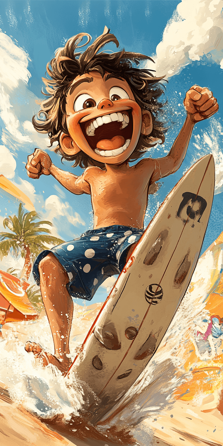 AI generated: A cute boy is surfing on the beach, in the style of Pixar, wearing blue shorts with white polka dots...