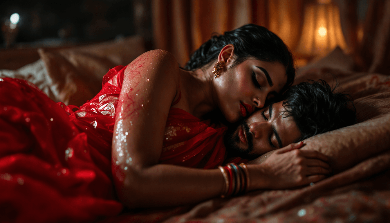AI generated: Transparent Red wet saree Indian woman, without blouse, tight, sleeping on edge on bed, curvy body,5...
