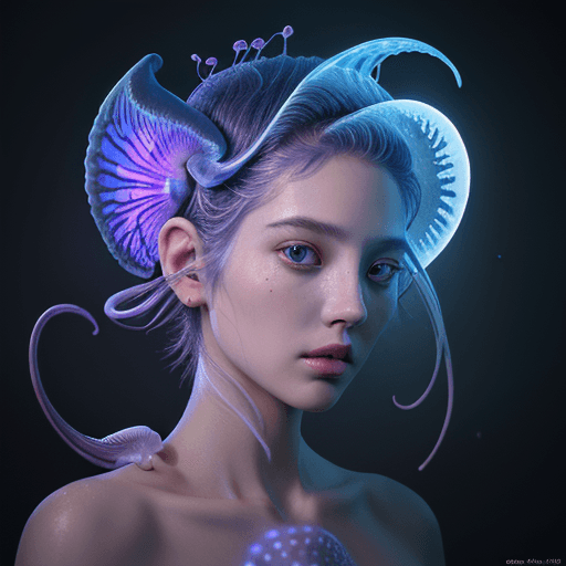 AI generated: Goddess close-up portrait ribcagel. jellyfish phoenix head, nautilus, orchid, skull, betta fish, bio...