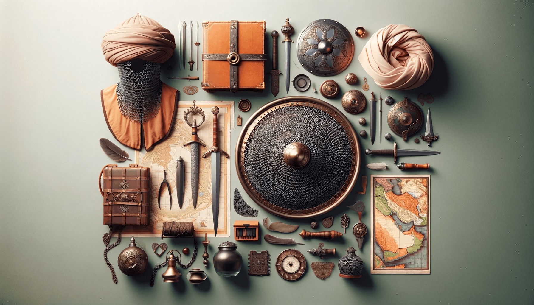AI generated: A knolling arrangement of various objects used by a warrior or knight in Salah al-Din's army, includ...
