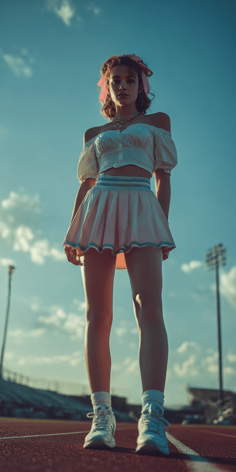 AI generated: A full-body photograph of an athletic cheerleader wearing a skirt and sneakers, standing on a footba...