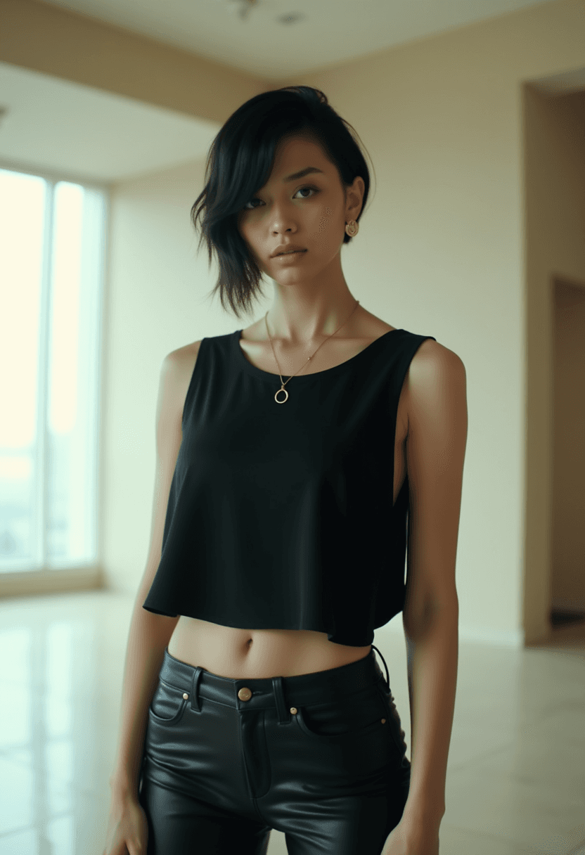 AI generated: A woman with asymmetrical black hair stands in a dynamic pose, dressed in a black sleeveless loose c...