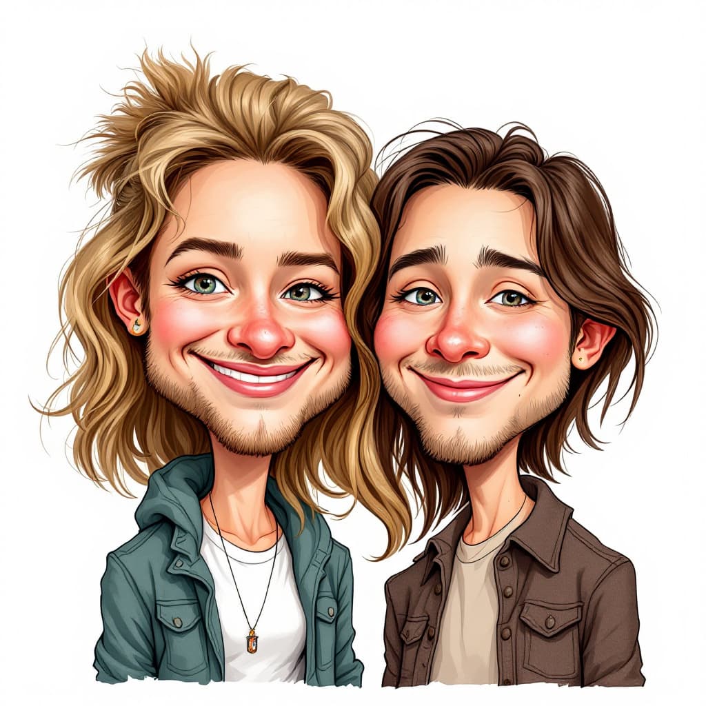 AI generated: Caricatures Word "Meng" drawing, cute Man and woman, eye brown blonde hair, mid-20's, color , in the...