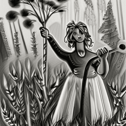 AI generated: a dryad standing in a woodland glade holding a staff, leaves swirling up around them, more vibrant p...