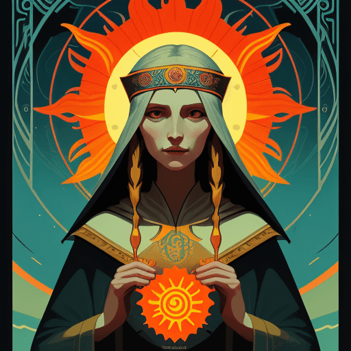 AI generated: The High Priestess tarot card, kilian eng style, slavic art, --ar 58:89 illustration of a sun-faced ...