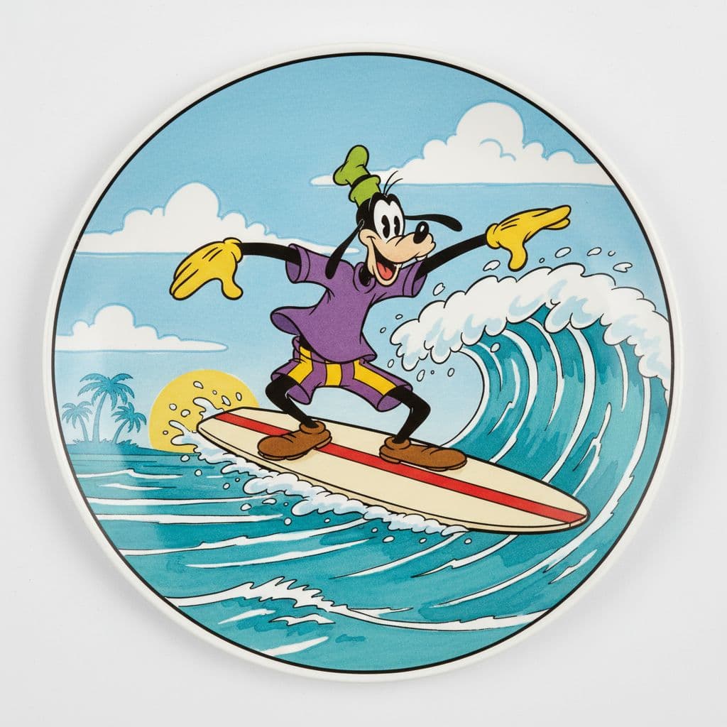 AI generated: Goofy on a surfboard on a wave. Micky mouse cartoon style
