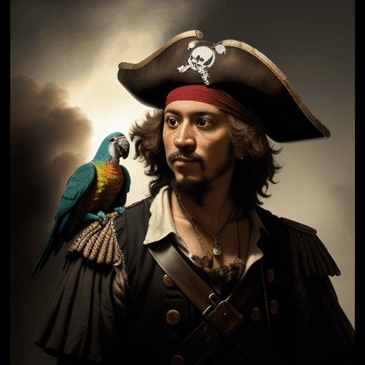 AI generated: engel ochoa as a 1700 pirates captain with a parrot on his left shoulder. Cinematic light coming fro...