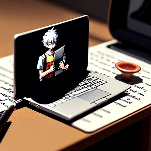 AI generated: Art anime man 27 years typing on laptop, great mood, small miniature illustration