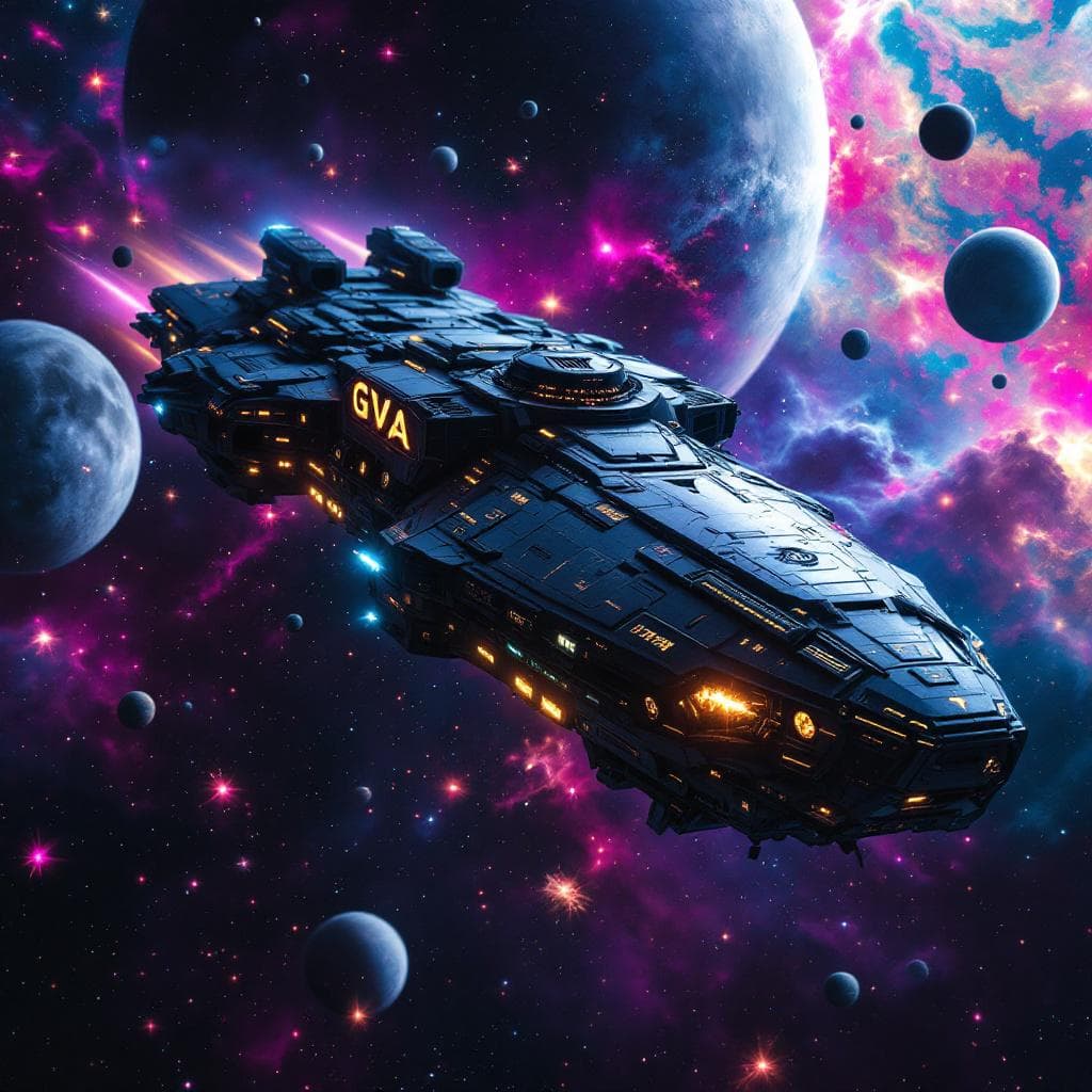 AI generated: Imagine, in detail, an alien spaceship to show a new design. An alien Destroyer. Show it in deep spa...
