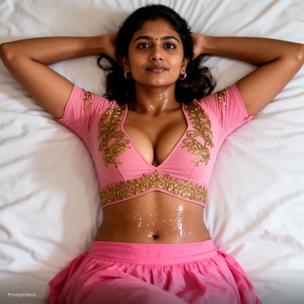 AI generated: Indian girl around age 25 laying over bed with eyes open and looking towards camera after satisfacti...