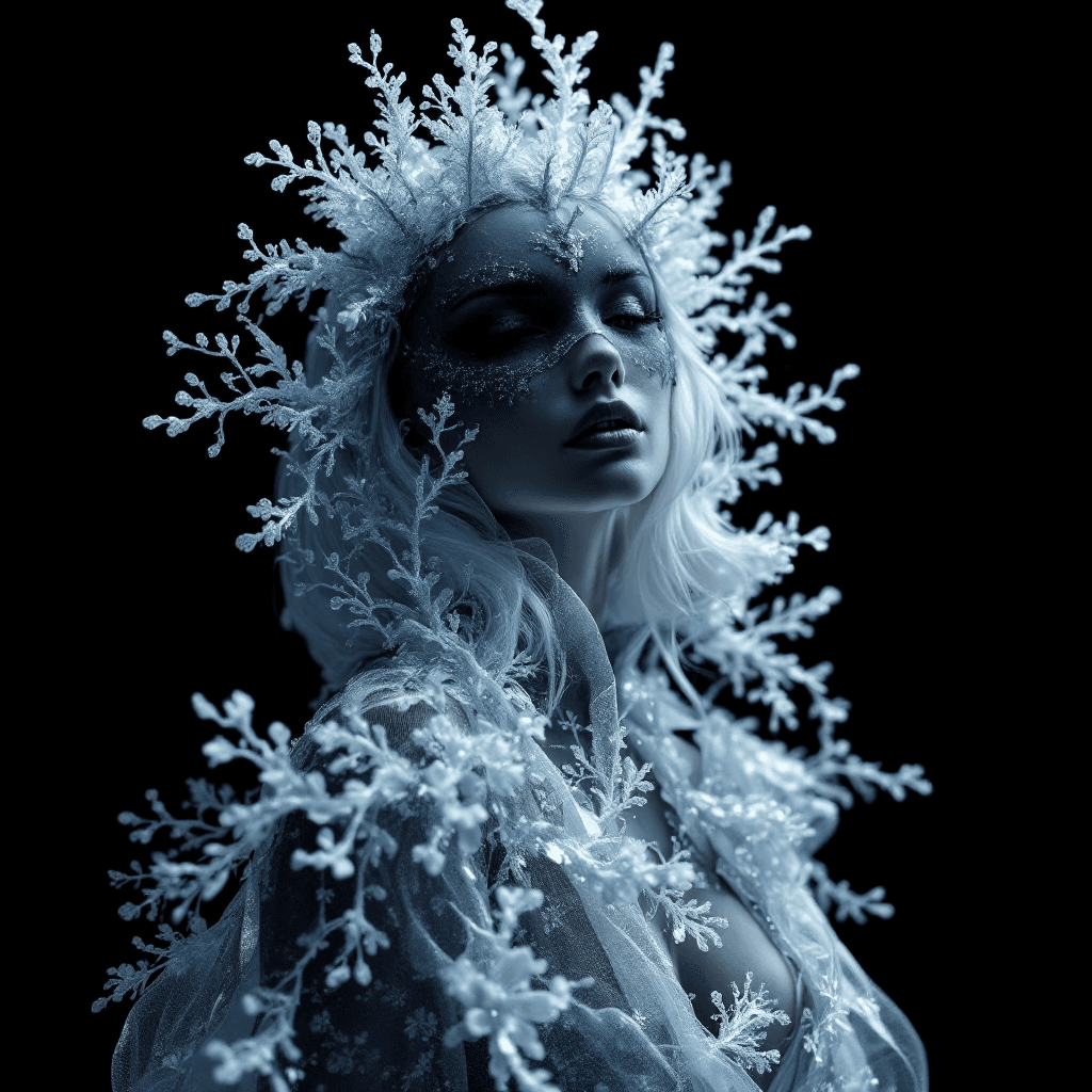 AI generated: A hyper-realistic portrait, in HD, 8K, of a young tall slender woman wearing an iced carnaval full b...