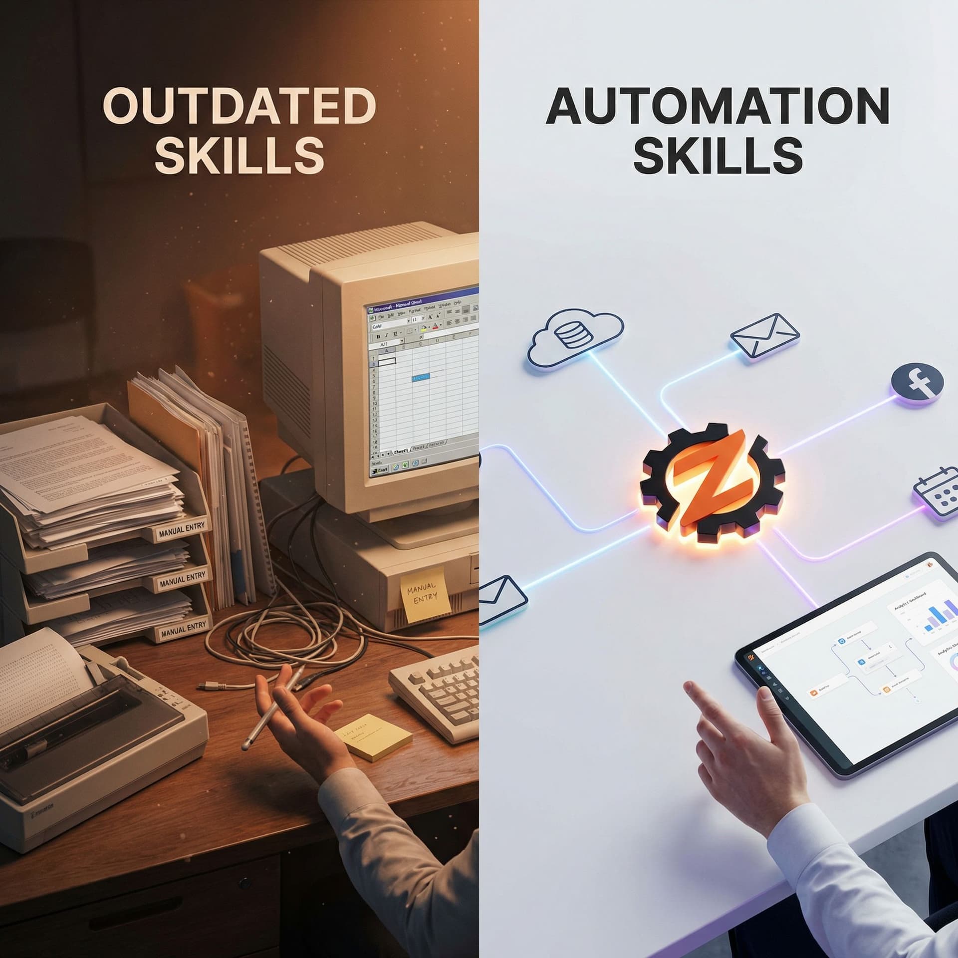 AI generated: Split-screen conceptual tech scene.

LEFT SIDE:
Old-fashioned digital tools and messy workflows.
Tex...