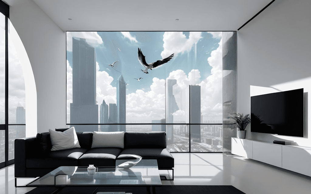 AI generated: Modern building facade depicting the future with cloudy sky and flying birds, use modern realistic m...