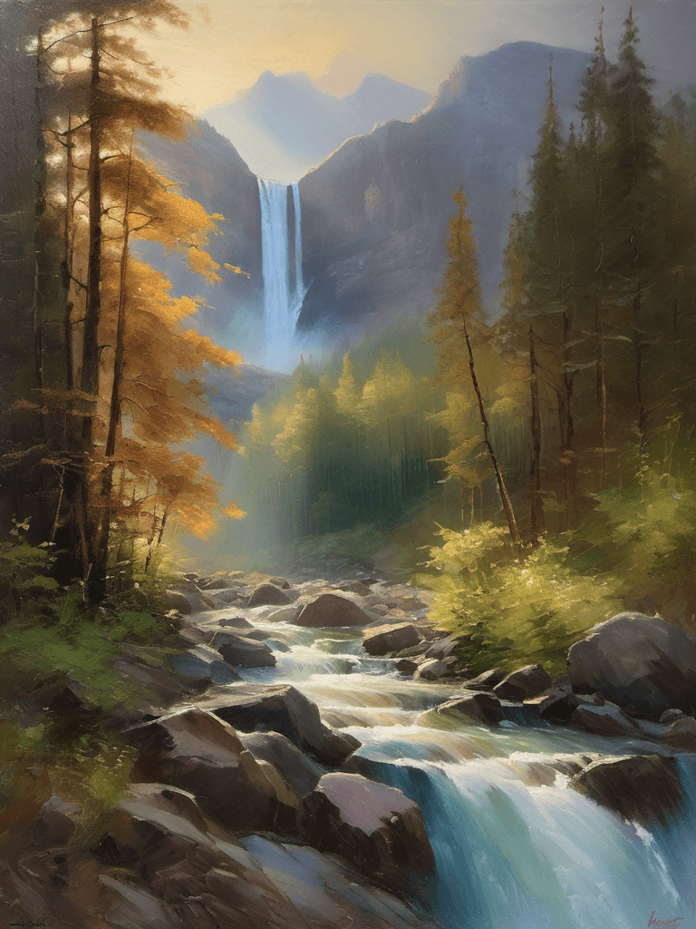 AI generated: An oil painting portraying a breathtaking waterfall nestled in a serene mountain landscape, The medi...