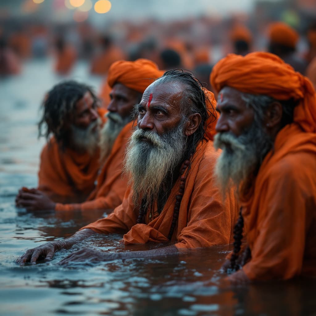 AI generated: Create an ultra-realistic UHD 4K image of a scene from the Kumbh Mela in Prayagraj, capturing the sa...