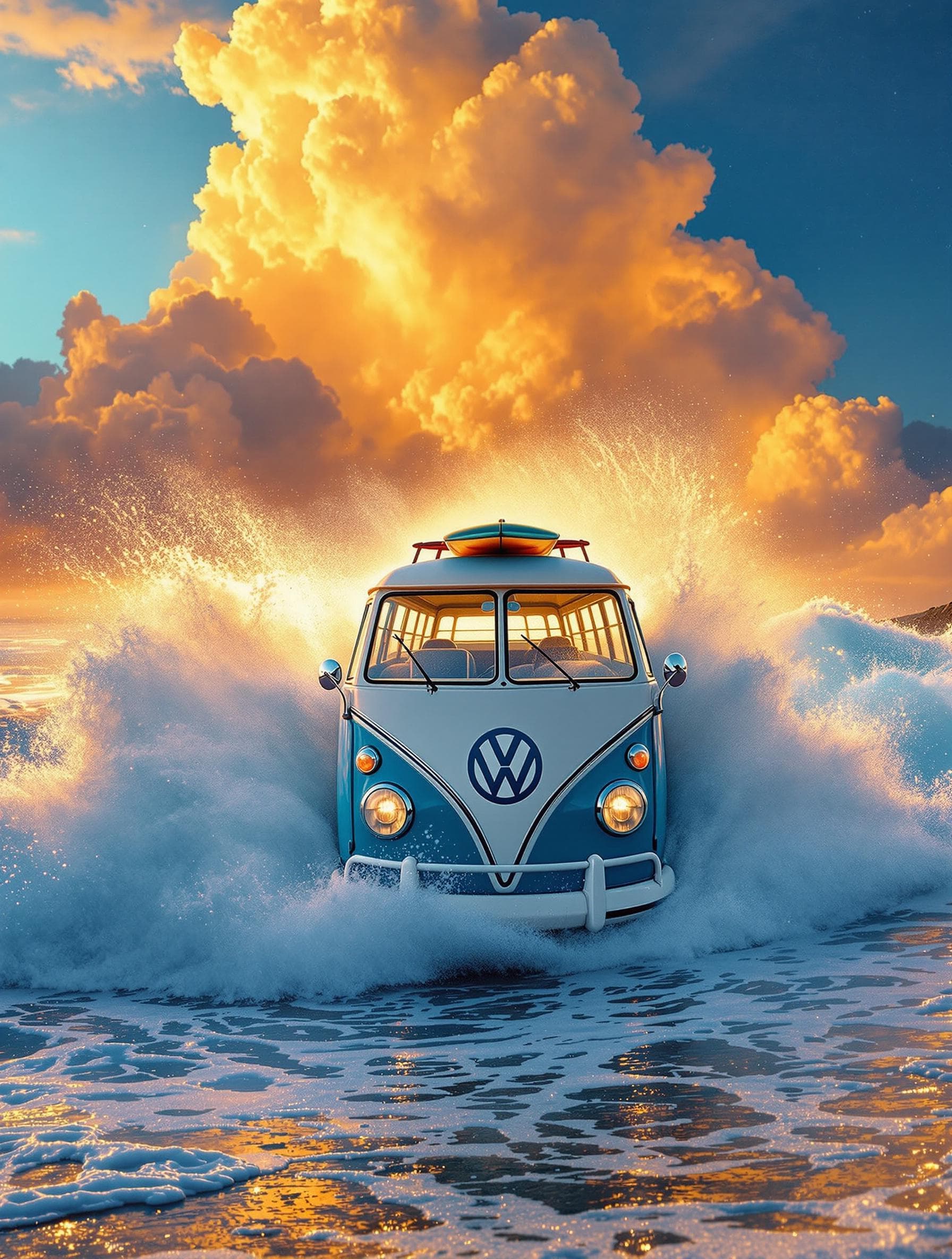 AI generated:  A high contrast art photo, portrait view, facing directly in front of the camera, of a Classic Vw b...