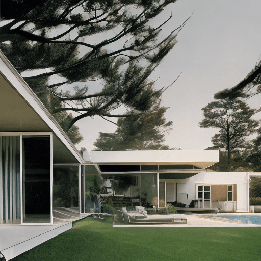 AI generated: Hyper realistic eye level exterior photo of a mid century modern style house overlooking the ocean, ...