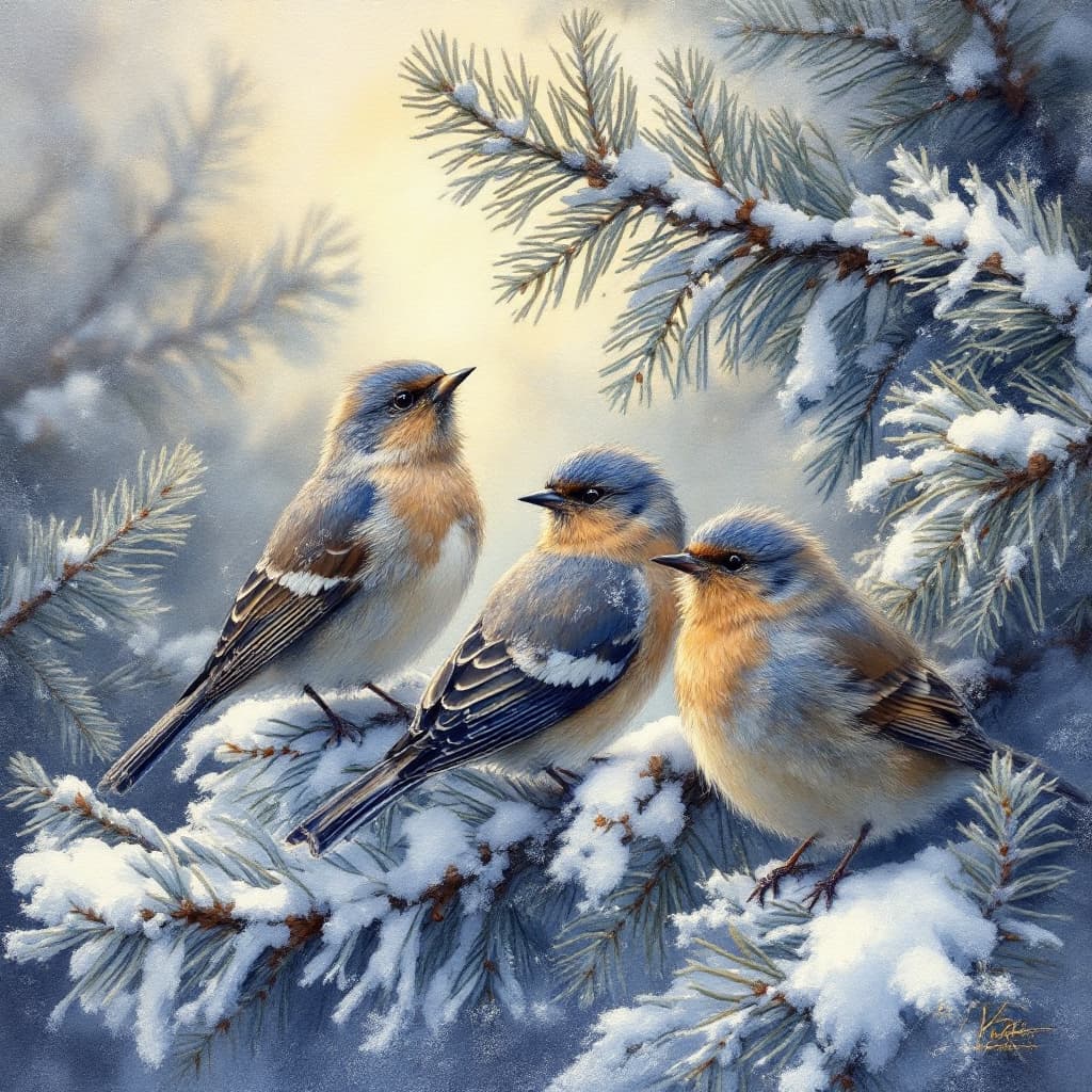 AI generated:  Terry Redlin style painting, rich textures and visible brushstrokes. Depicting a serene   winter la...