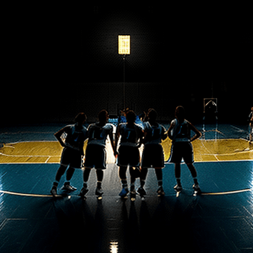 AI generated: Equipo de basquetbol realizando una gran jugada, luz brillante en la cancha, colores azules, blancos...