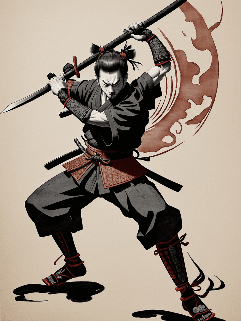 AI generated: Japanese ink drawing, in the style of samurai legends, intricate brushwork, setting sun --ar 
 samur...