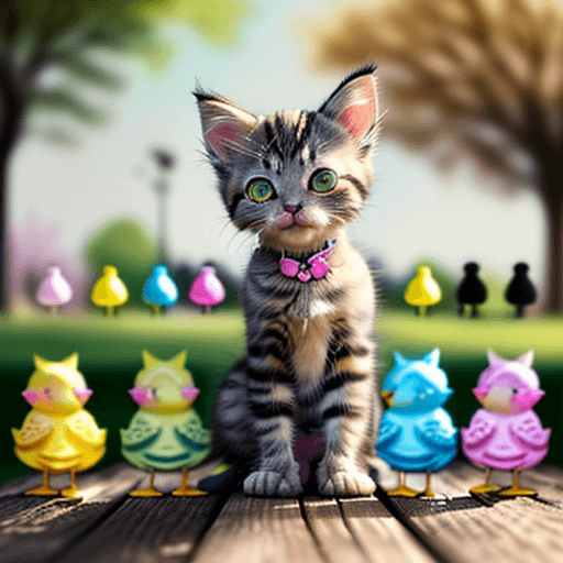 AI generated: A cute, wide-eyed kitten with tabby fur sits outdoors on a wooden surface, surrounded by colorful, s...