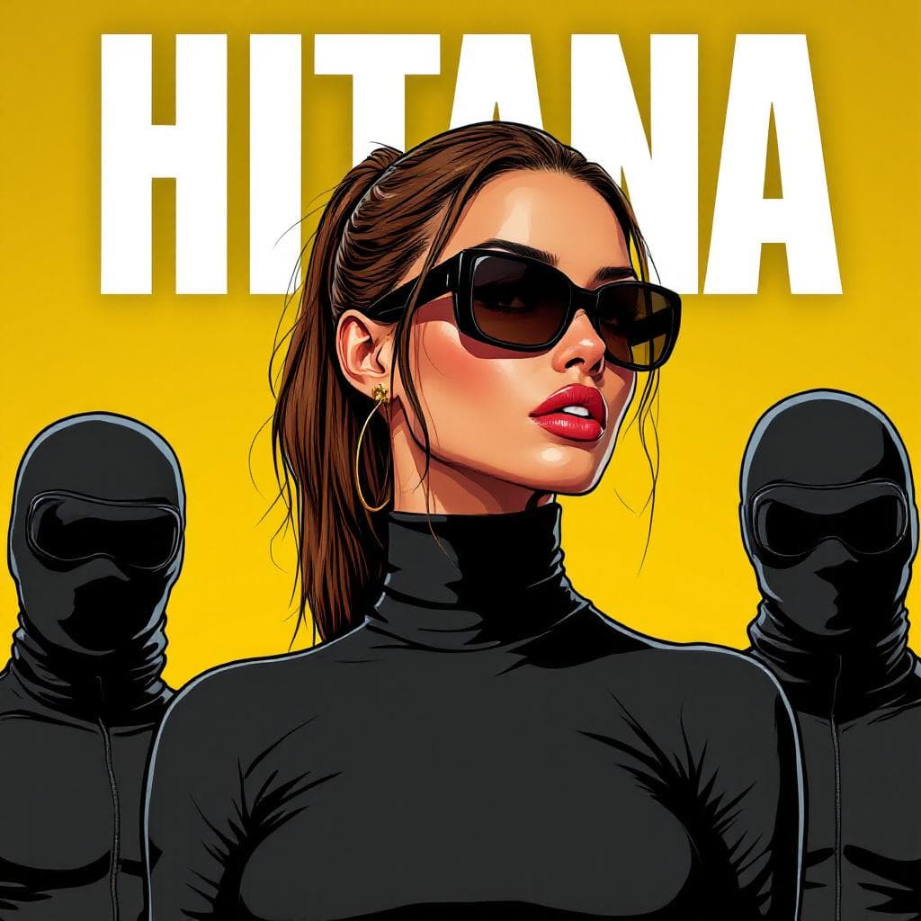 AI generated: Cartoon illustration, comic book cover featuring a gorgeous brunette Woman, ponytail hair, wearing a...